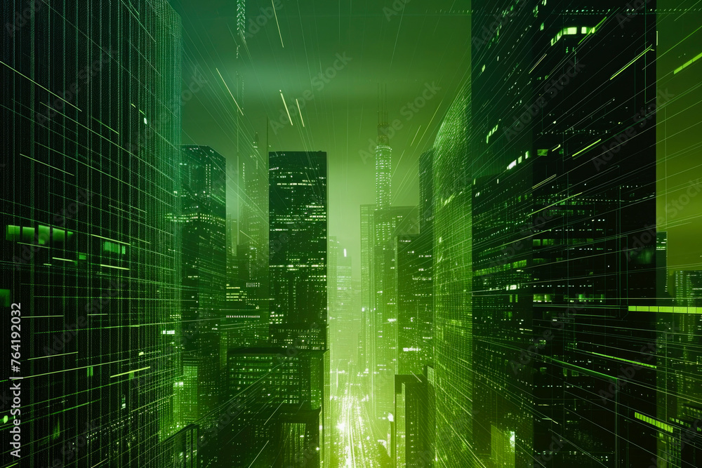 Green city background with skyscrapers and streets