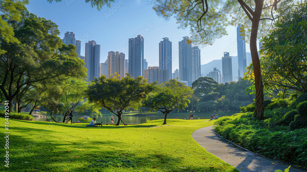 Provide a refreshing escape from the urban hustle and bustle with a tranquil scene of a lush urban park nestled amidst skyscrapers, where people enjoy picnics, jogging, or relaxing in the greenery.