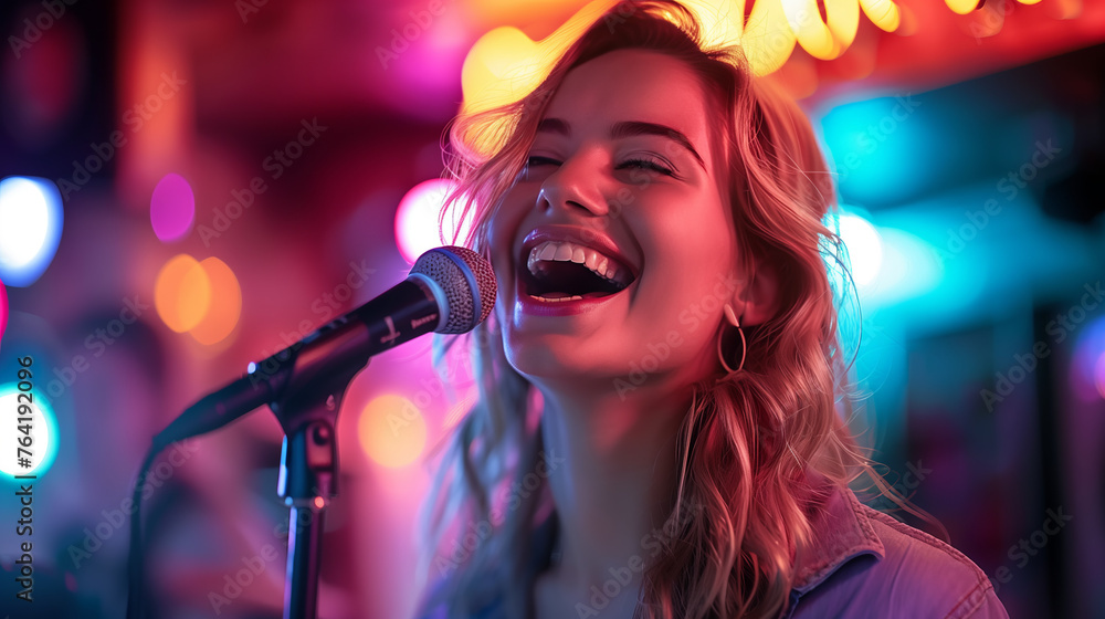 Set the scene for a karaoke night with a young woman singing at a karaoke bar next to a sign, capturing the excitement and energy of a night out with friends. Set the scene for a karaoke night with a young woman singing at a karaoke bar next to a sign, capturing the excitement and energy of a night out with friends.