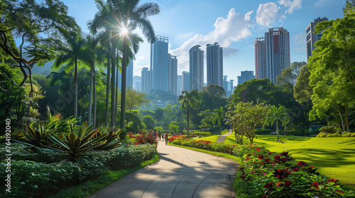 Provide a refreshing escape from the urban hustle and bustle with a tranquil scene of a lush urban park nestled amidst skyscrapers, where people enjoy picnics, jogging, or relaxing in the greenery.