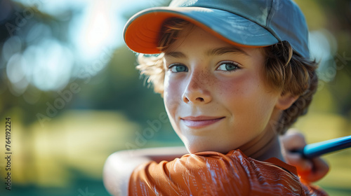 Showcase the joy of learning and skill development with a happy Caucasian boy at a golfing training lesson, looking at the camera with determination and enthusiasm on a golf course.