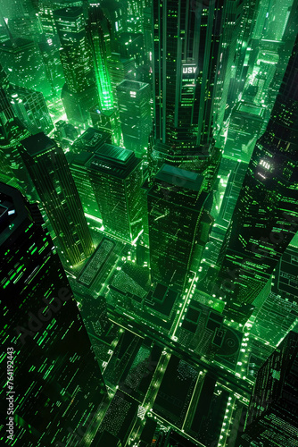 Green city background with skyscrapers and streets