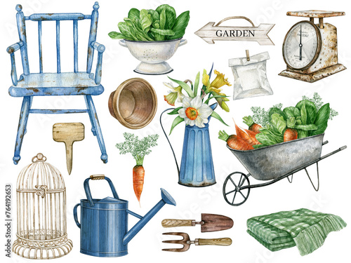 Watercolor garden tools,Country farm gardening, Farmhouse decor clipart,vegetable,Vintage rusty element, watering can, blue chair, birdcage, flower pot, colander with salad leaf,scales, spring flowers photo