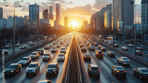 Navigate through the dynamic urban landscape with a shot of traffic congestion and transportation infrastructure in a busy city, illustrating the challenges and solutions of urban mobility.