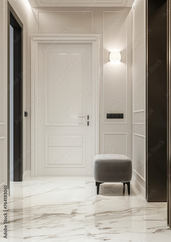 modern entrance hall, door with white panels on the wall, marble floor, grey velvet stool in front of it, black frame window on one side, white walls, modern interior design modern entrance hall, door with white panels on the wall, marble floor, grey velvet stool in front of it, black frame window on one side, white walls, modern interior design