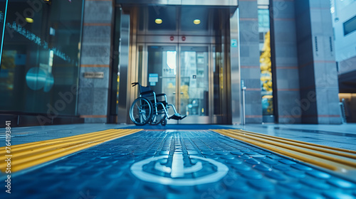 Promote accessibility and inclusivity with an image of a building entrance featuring wheelchair ramps and accessible signage, demonstrating a commitment to inclusivity for people with disabilities. photo