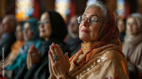 Celebrate the shared values and sense of community that unite people of different faiths with a multicultural religious congregation gathered for a prayer or ceremony.