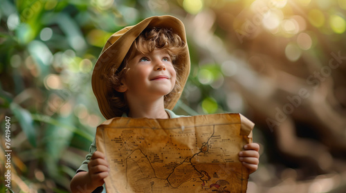 young boy kid participating and holding the treasure map, igniting the imagination and sense of adventure.