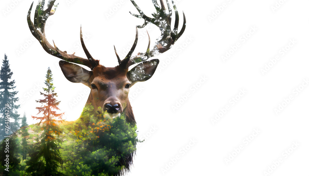 Fototapeta premium Hirsch, Reh, photo, doppelbelichtet, Doppelbelichtung, bäume, fichten, wald, wandern, urlaub, weiß, neu, modern, grün, braun, natur, artwork