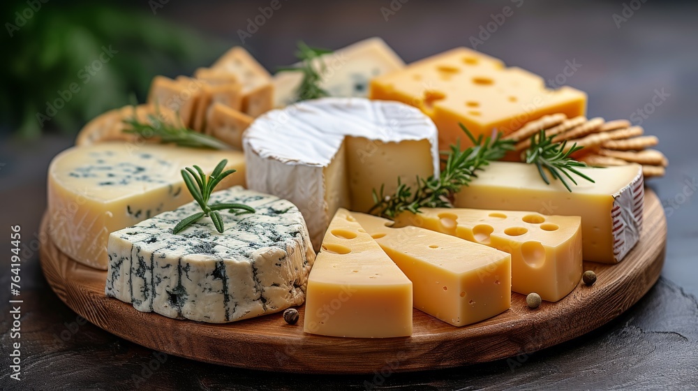  A wooden platter adorned with cheese, crackers, and a rosemary sprig