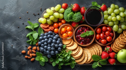  Arranged on slate  black background  fruits  veggies  crackers  platter
