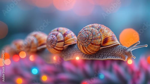  A sharp focus of a cluster of snails against a blurred background, featuring a hazy array of light sources in the distance