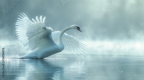  A white swan with outstretched wings glides on a watery expanse beneath a hazy  foggy sky