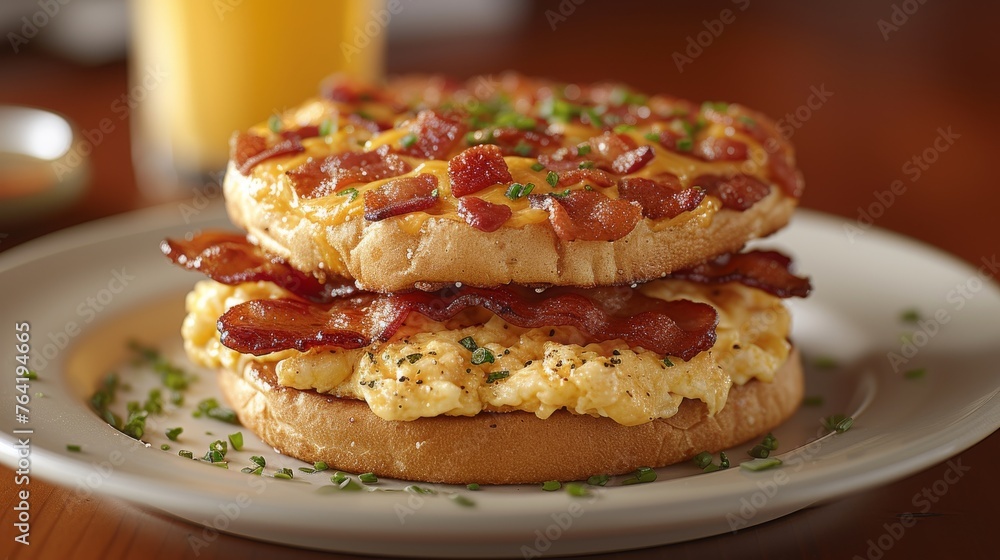  A macro of an omelette, eggs, and bacon atop a bagel with a glass of OJ