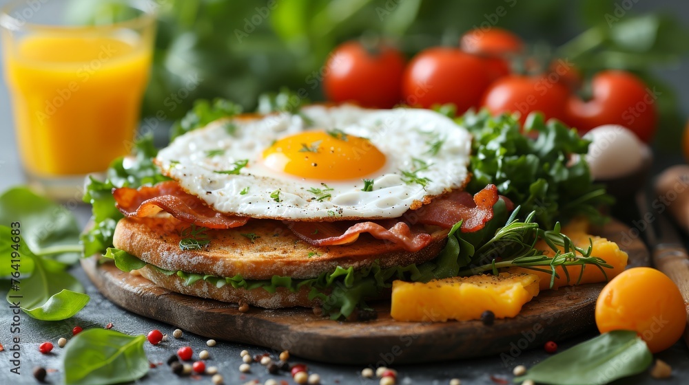 A bacon, egg, and lettuce sandwich on a cutting board beside a glass of orange juice A bacon, egg, and lettuce sandwich on a cutting board beside a glass of orange juice