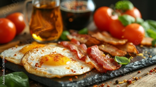  A close-up shot of a dish filled with bacon, eggs, tomatoes, and a frosty mug of beer resting on a wooden table