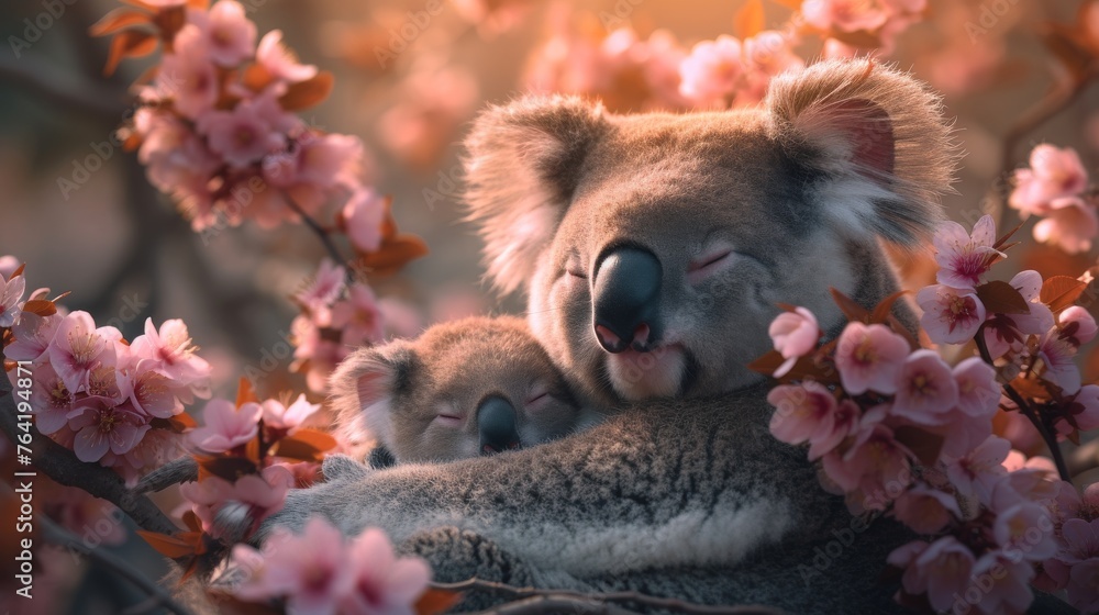 A baby koala is being embraced by its mother in a tree, surrounded by vibrant pink blossoms A baby koala is being embraced by its mother in a tree, surrounded by vibrant pink blossoms