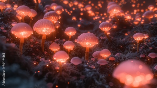  A field of red-lit glowing mushrooms in snow-covered grass