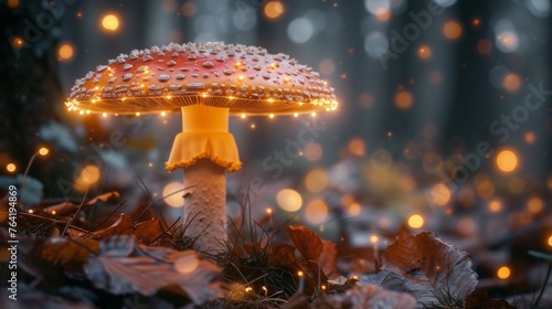  A photo of a single mushroom, lit from above, surrounded by lush greenery in a wooded area
