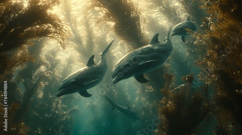  A pair of dolphins frolicking near kelp forest in vast ocean