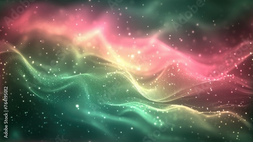 The green pink hologram abstract picture in form of the brightly glittering wave that seems like liquid yet looks solid at the same time and also bright with the source of the light of itself. AIGX01.