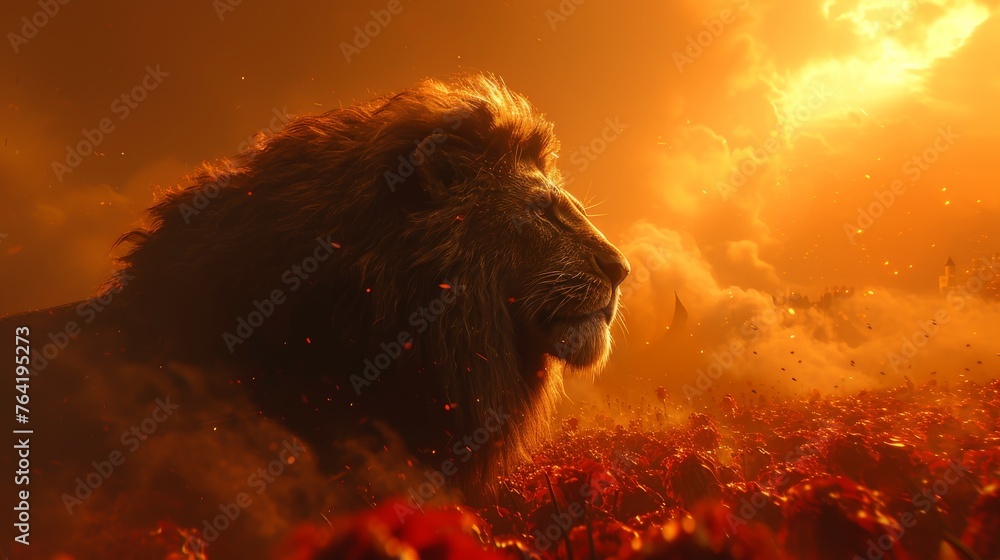 Fototapeta premium A majestic lion in a field of vibrant red blossoms, bathed in golden sunlight filtering through wispy cloud covers