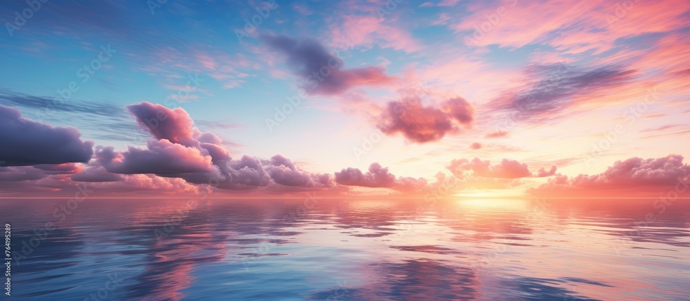 A scenic view of the sun setting over the ocean, casting beautiful colors across the sky with cloud formations mirrored in the calm water