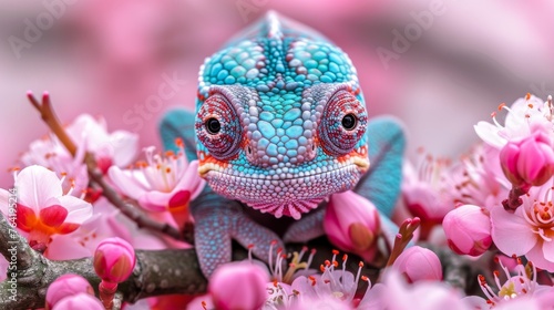  A blue-and-red chameleon perched on a tree's branch, surrounded by pink flowers