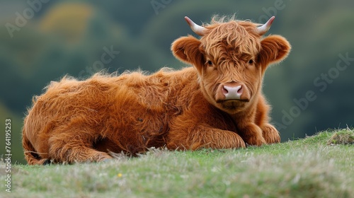  A brown cow lounging on a green hill, adjacent to a dense forest full of tall trees