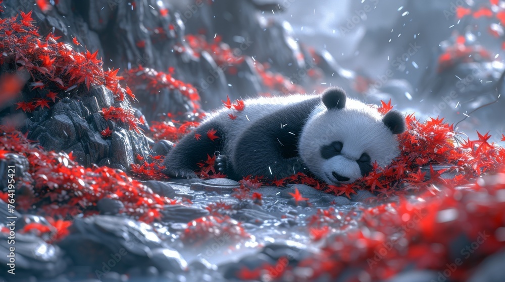  A panda bear lays atop a mound of scarlet leaves, adjacent to stacks of stones and red foliage - obrazy, fototapety, plakaty 