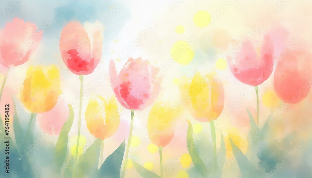 Beautiful pastel springtime Easter background illustrated with aquarelle yellow and pink tulips. 
