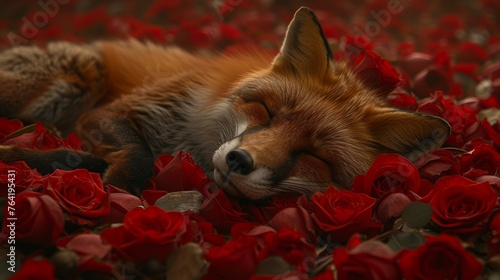  A close-up photo of a fox lying on a flowery bed, its eyes shut
