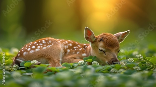  A little doe resting on a verdant meadow beside a dense green woodland