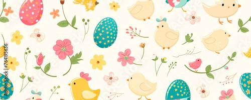 A collection of various birds surrounded by colorful flowers on a plain white backdrop. Easter. Seamless pattern. Holiday gift wrap. Banner