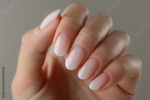 Classic French manicure on a delicate hand, exemplifying timeless beauty and neatness with perfect white tips and natural pink base - AI generated