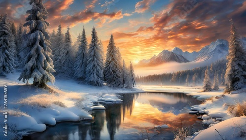 winter landscape with sunrise 