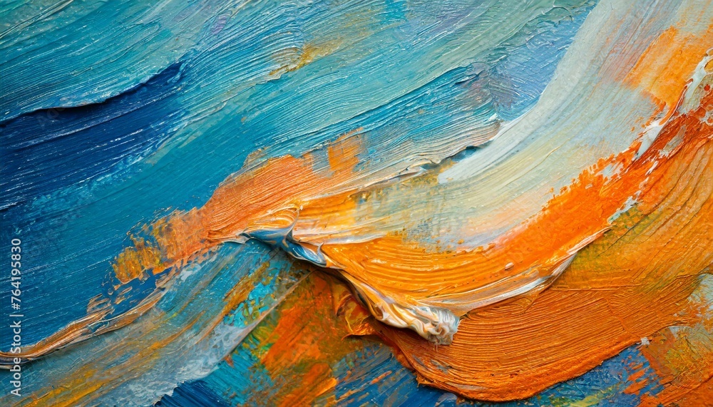 Closeup of abstract rough colorful blue orange complementary colors art painting texture background wallpaper, with oil or acrylic brushstroke waves, pallet knife paint on canvas