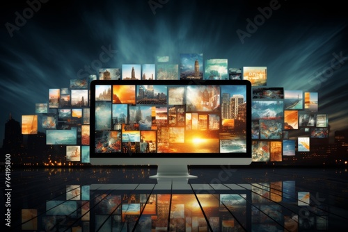 Abstract multimedia background with various channel images, web streaming media tv video technology