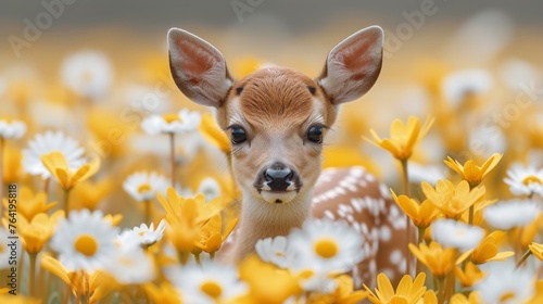  A close-up of a baby deer in a field of yellow and white flowers © Jevjenijs