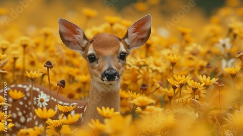  A deer stands in a yellow flower field, with its head protruding from its mouth