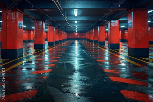 A vividly lit underground parking area with reflective wet floor and red columns creating a symmetrical pattern