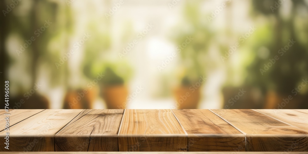 The empty wooden plank table with unfocused background. Exuberant image. generative ai