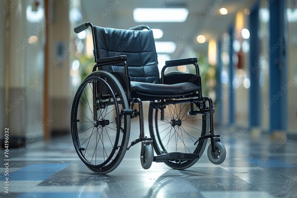Obraz premium A vacant wheelchair positioned in the brightly lit, sanitized hallway of a medical facility