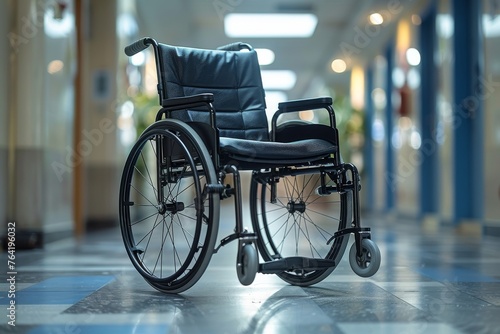 A vacant wheelchair positioned in the brightly lit, sanitized hallway of a medical facility