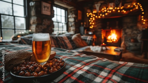  A plate of food and a glass of beer on a cozy bed in a warm room with a fireplace in the backdrop