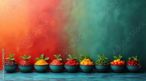  Row of colorful bowls with mixed fruits and veggies on multi-colored backdrop © Jevjenijs