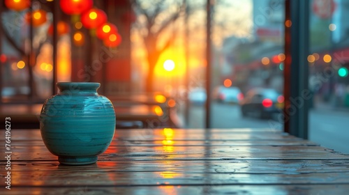  A blue vase rests atop a wooden table, with a glass window behind it that looks out onto a city street