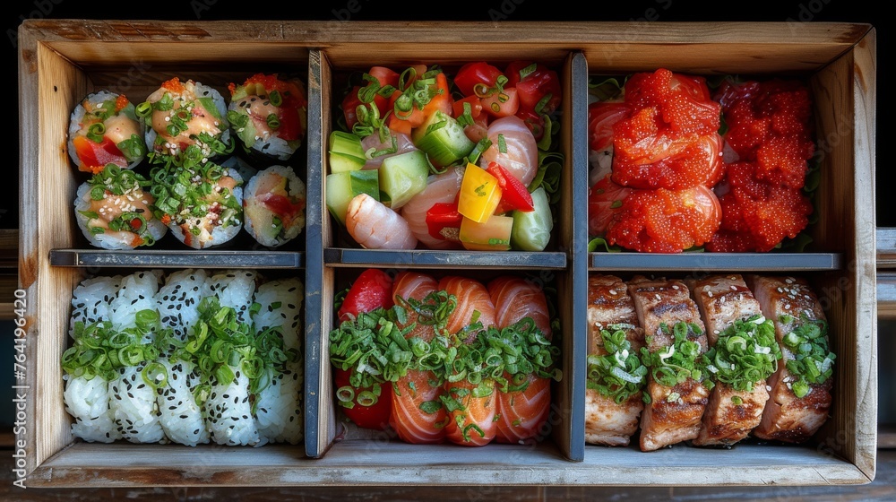 A wooden box brimming with various sushi & dishes A wooden box brimming with various sushi & dishes