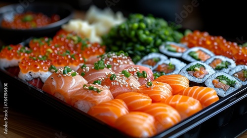  A tray of sushi with broccoli and cauliflower, close-up