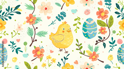 A yellow chicken is perched on top of an egg, surrounded by colorful flowers in a vibrant setting.